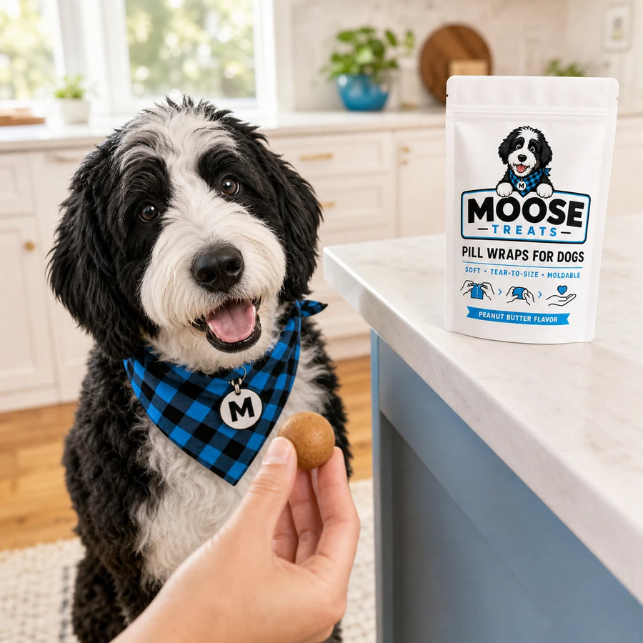 Dog being offered a wrapped pill next to a Moose Pill Wraps pouch