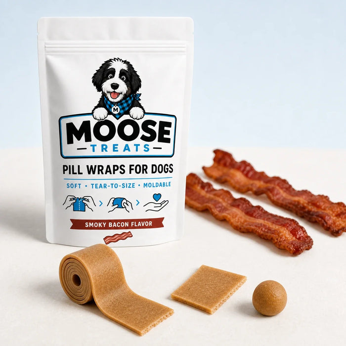 Moose Pill Wraps Smoky Bacon pouch with wrap roll and bacon strips