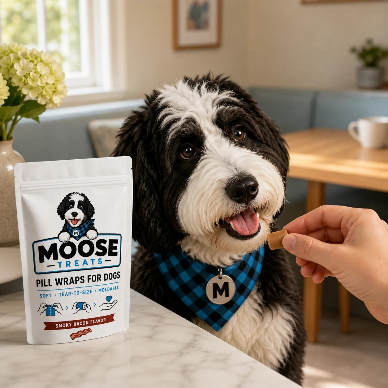 Dog being offered a Smoky Bacon Moose Wrap