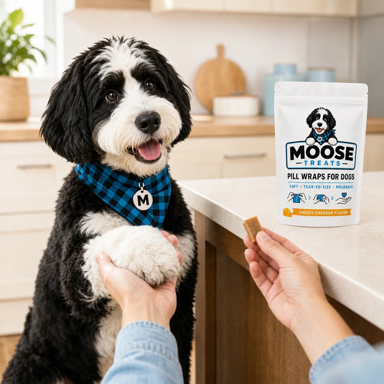 Dog shaking paw beside a Cheddar Cheese Moose Wraps pouch