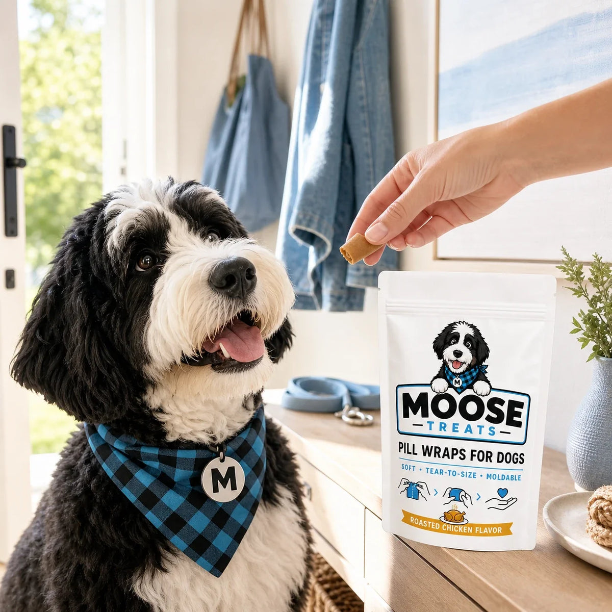 Dog being offered a Roasted Chicken Moose Wrap