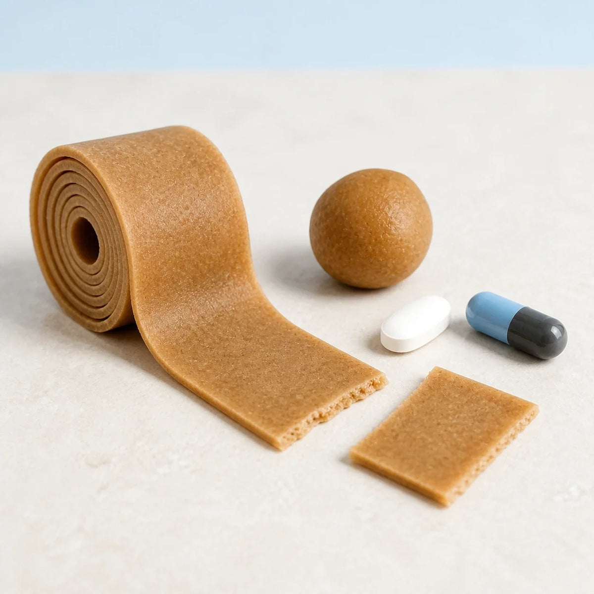 Tear-to-size wrap beside a tablet and a capsule